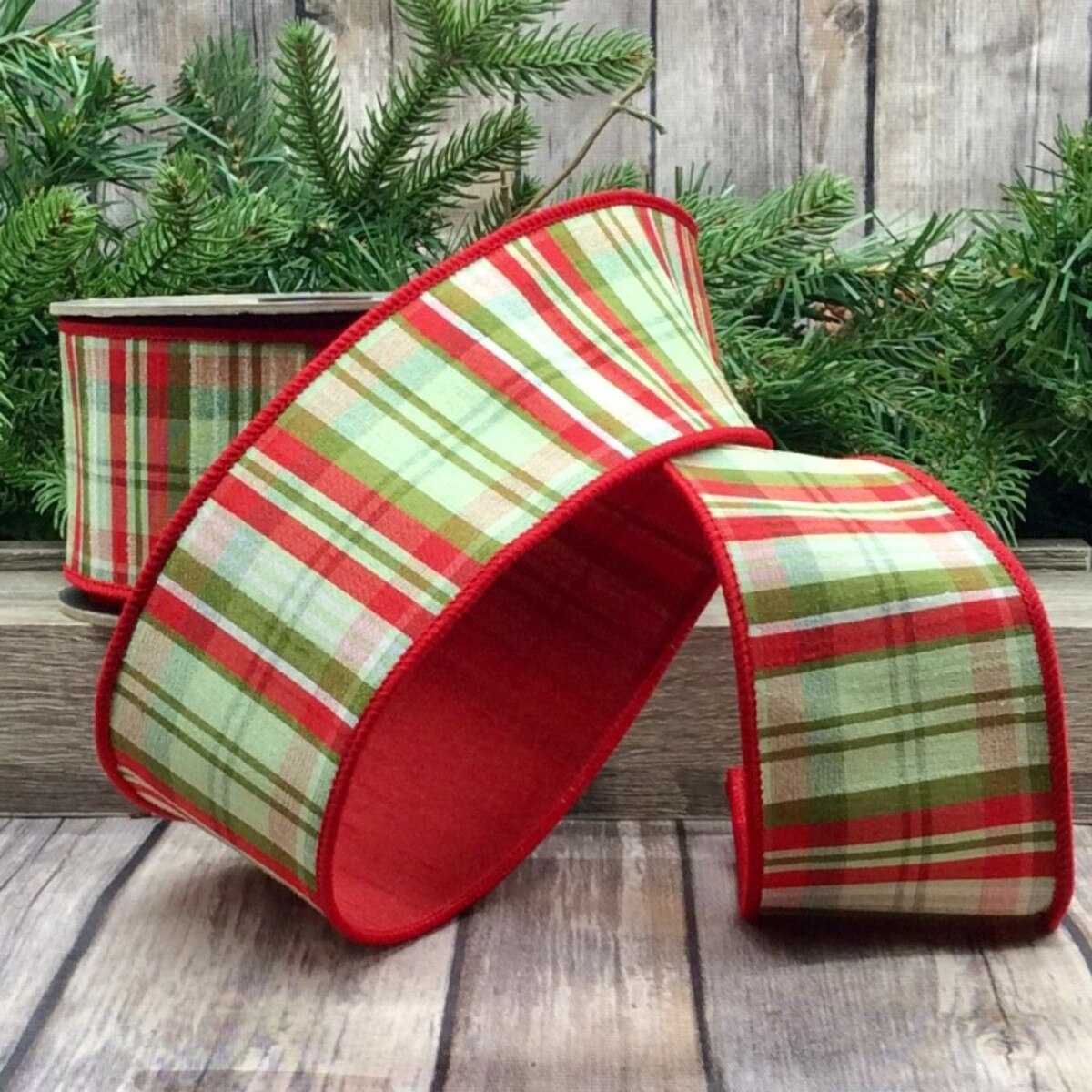 Plaid Red Apple Green Dupion Ribbon 2.5"