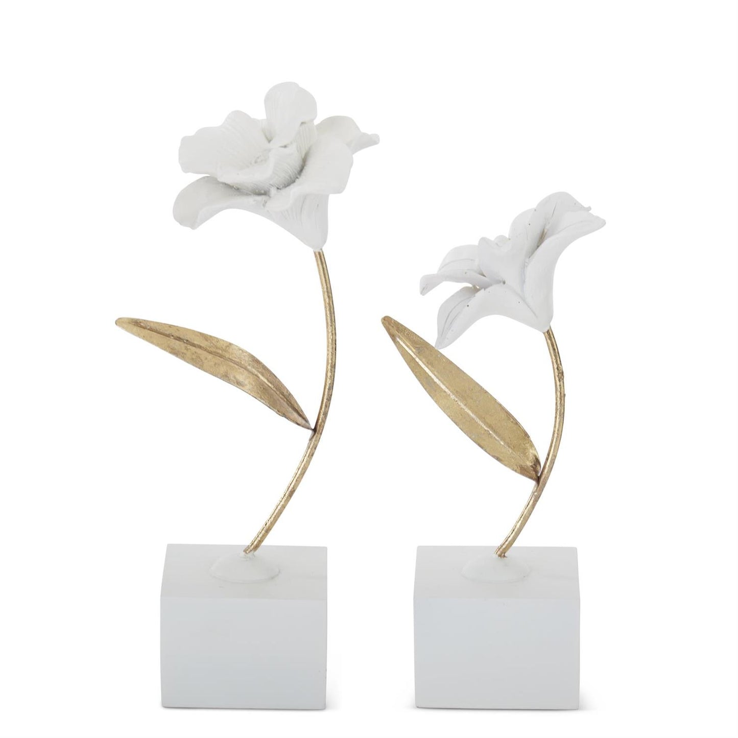 Set of 2 White Resin Gold Metal Stem Flowers