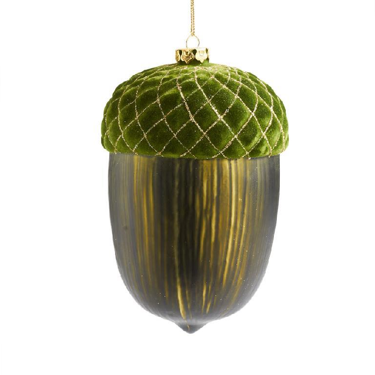 Green Glass Acorn Ornament with Quilted Velvet Top