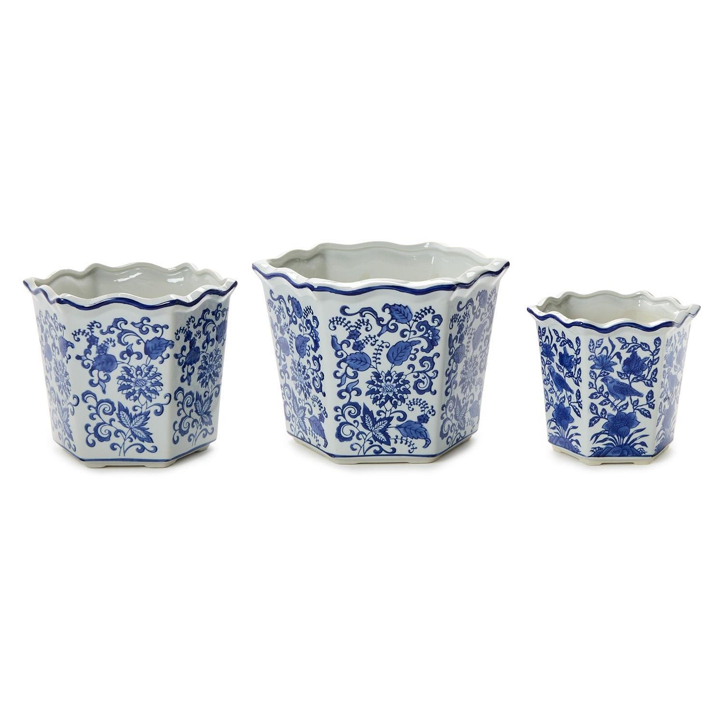 Hand-Painted Chinoiserie Blue and White Floral Hexagon Shape Planters