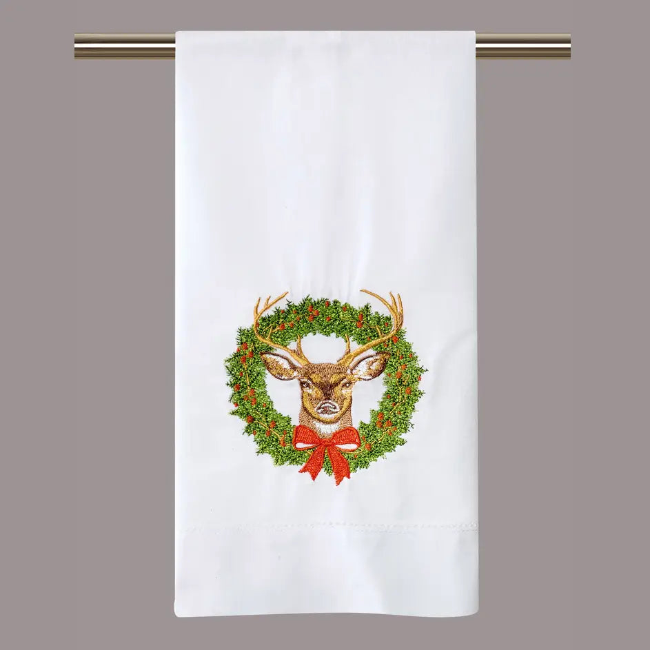 Reindeer Wreath Embroidered Guest Towel