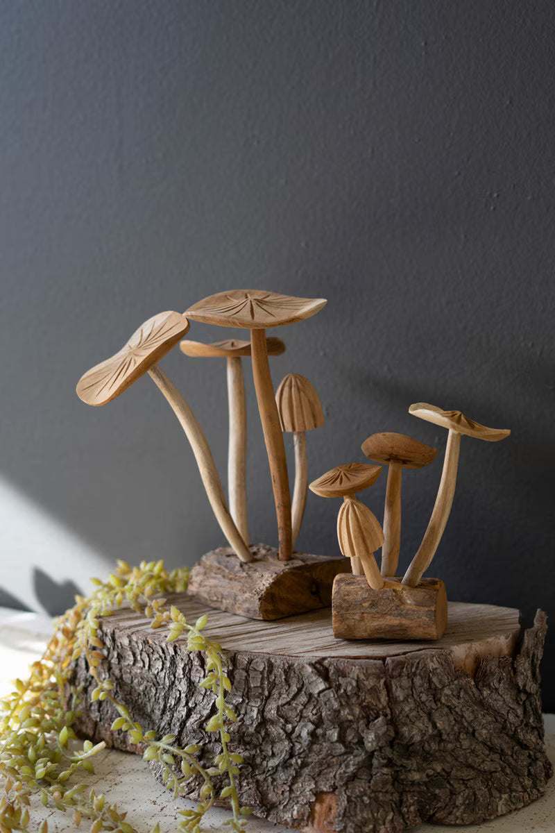 Hand-Carved Teakwood Mushroom Clusters