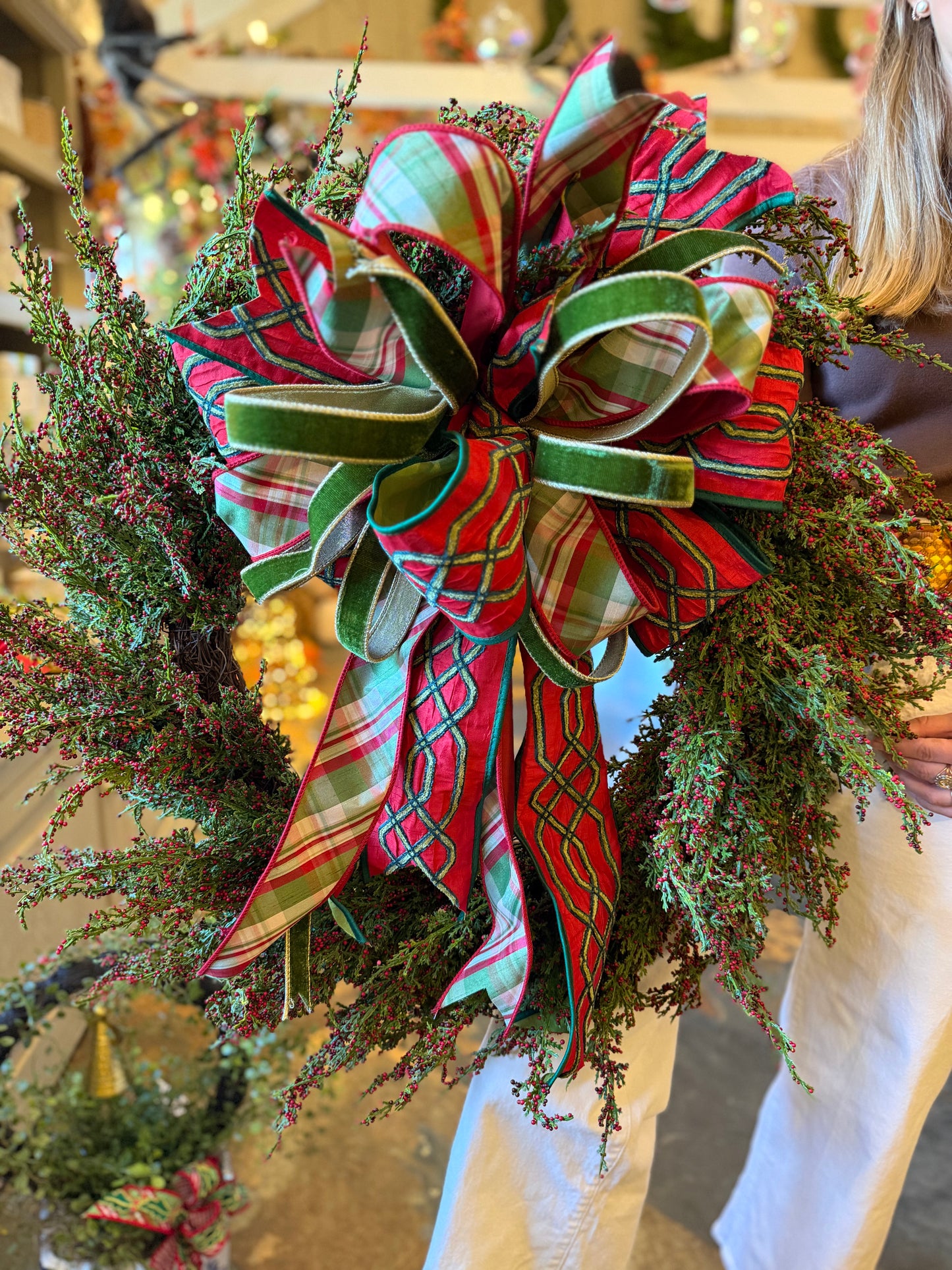 Bow with Green Velvet Ribbon, Stripped, and Chained Ribbon
