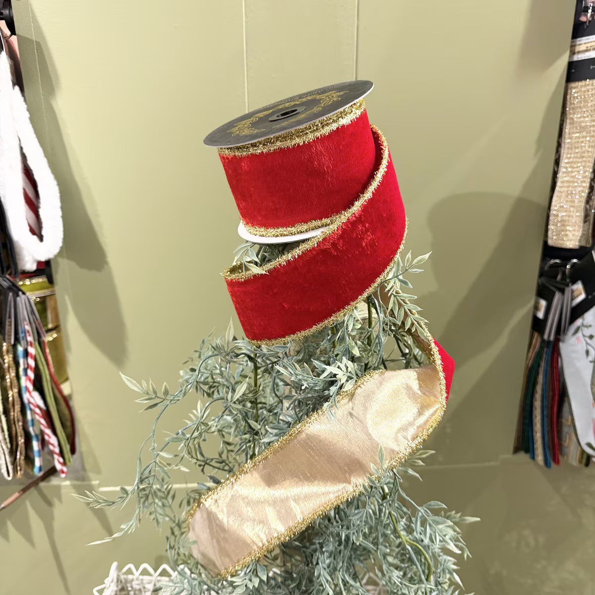 Velvet Metallic Dupion Double Red Ribbon 2.5x10