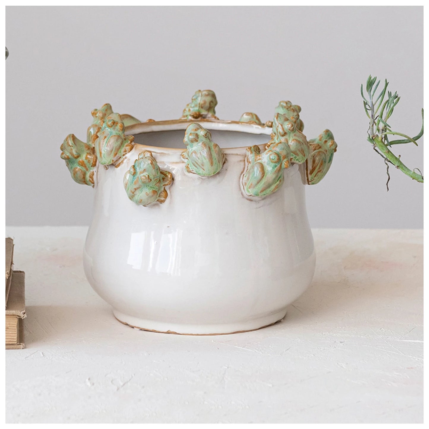 Stoneware Planter with Frogs on Rim