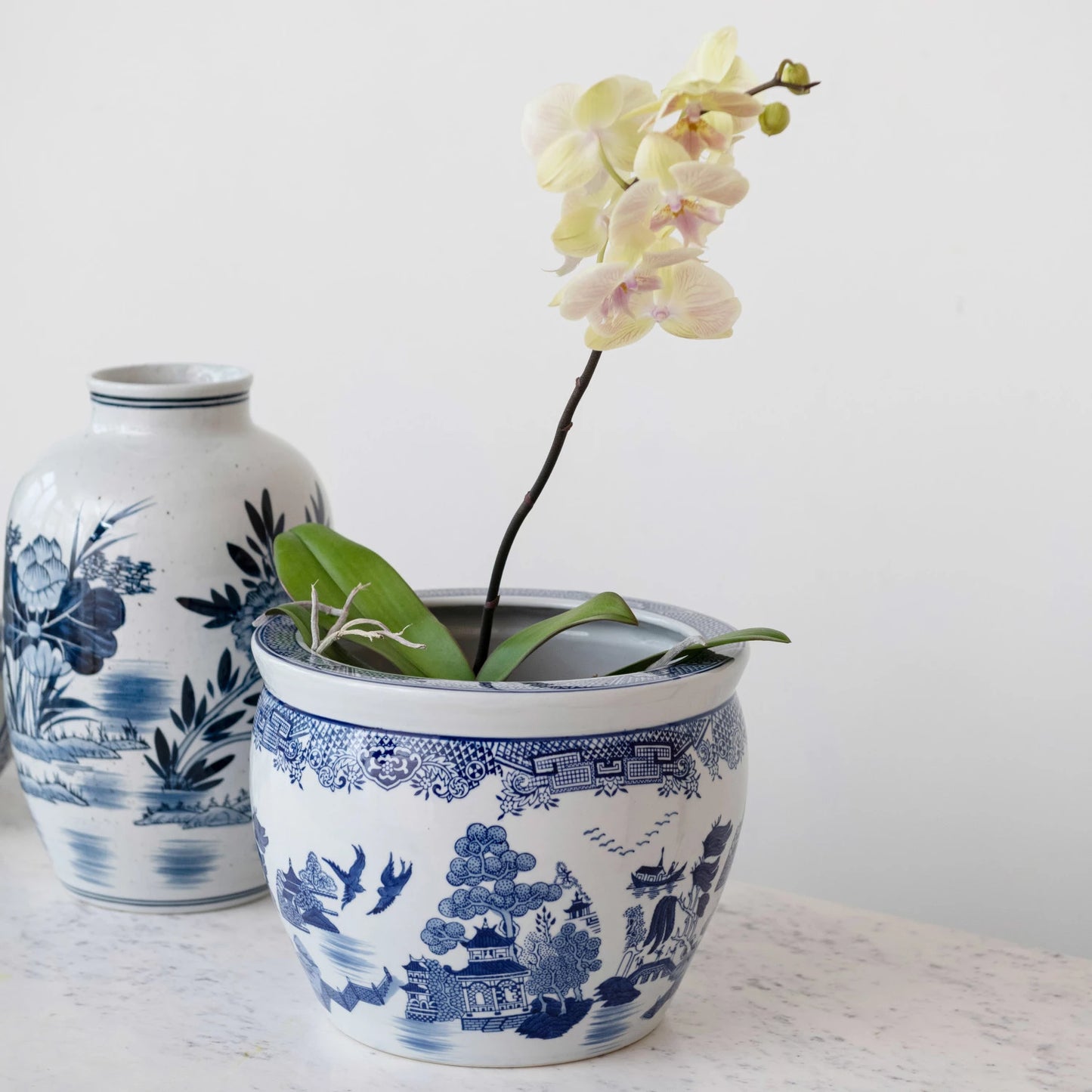 Blue and White Stoneware Planter
