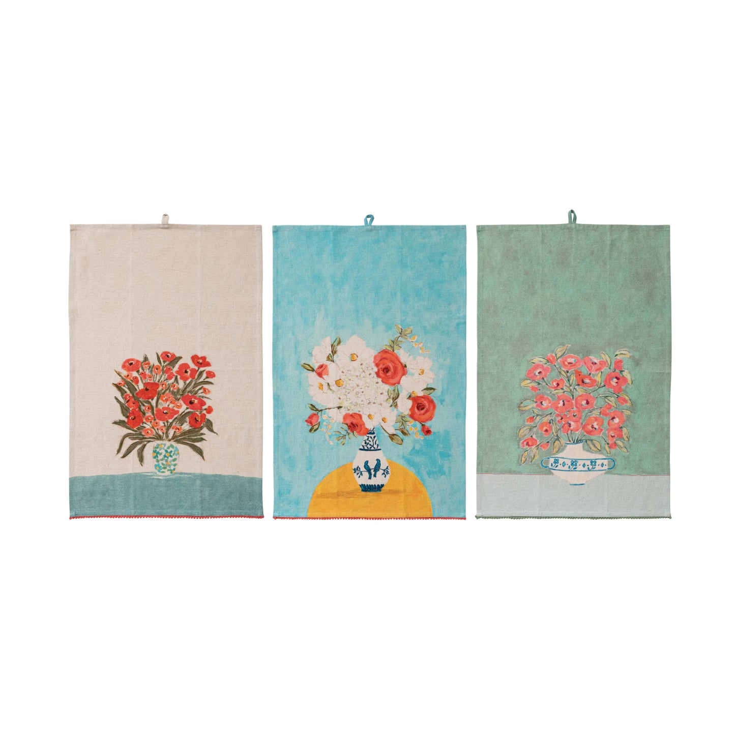 Cotton & Linen Printed Tea Towel with Flowers
