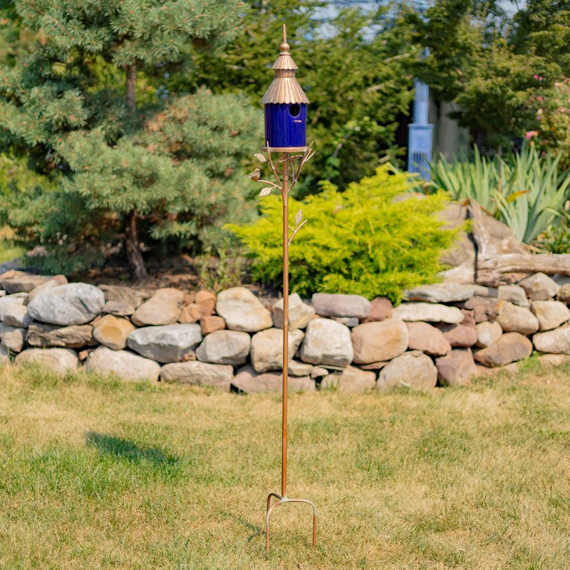 Iron and Cobalt Blue Porcelain Birdhouse Stake
