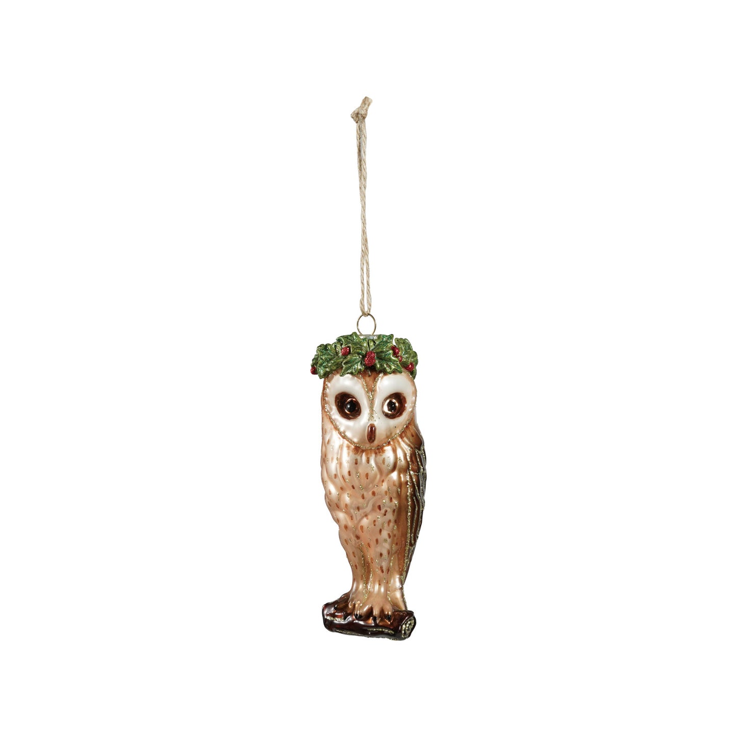 Hand-Painted Glass Owl Ornament with Holly Crown & Glitter