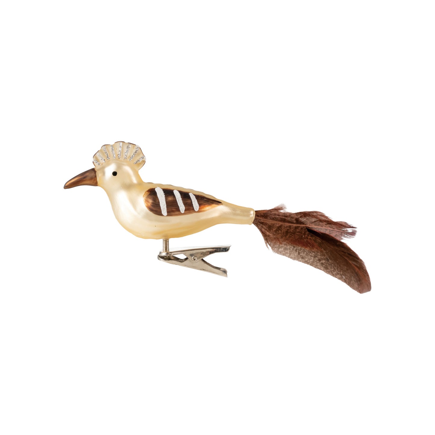 Hand-Painted Mercury Glass Clip-on Hoopoe Bird Ornament with Glitter & Faux Feather