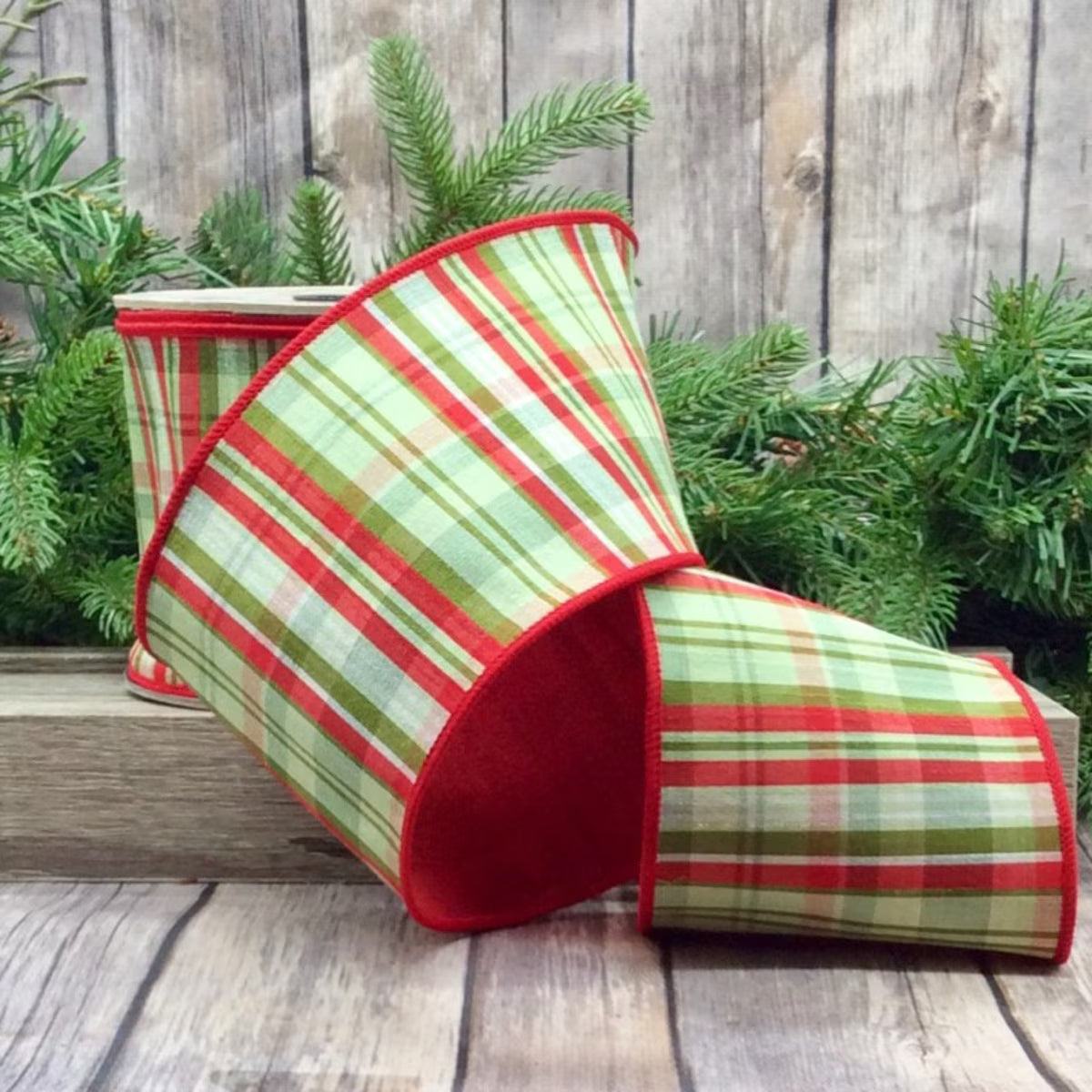 Plaid Red Apple Green Dupion Ribbon 4"