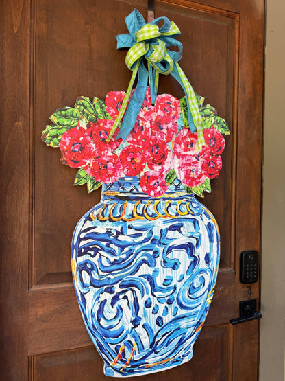 Chinoiserie Vase with Red Florals Door Hanger