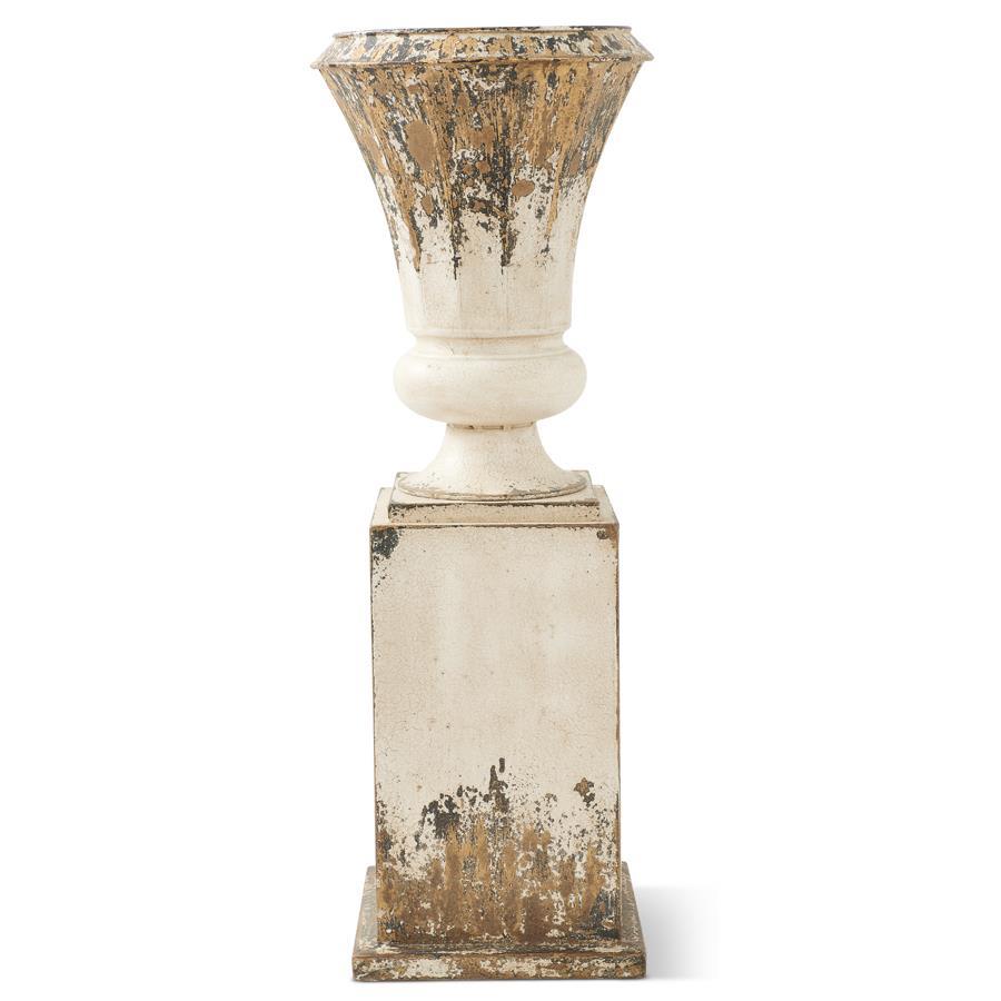 White and Gold Washed Metal Urn on Stand