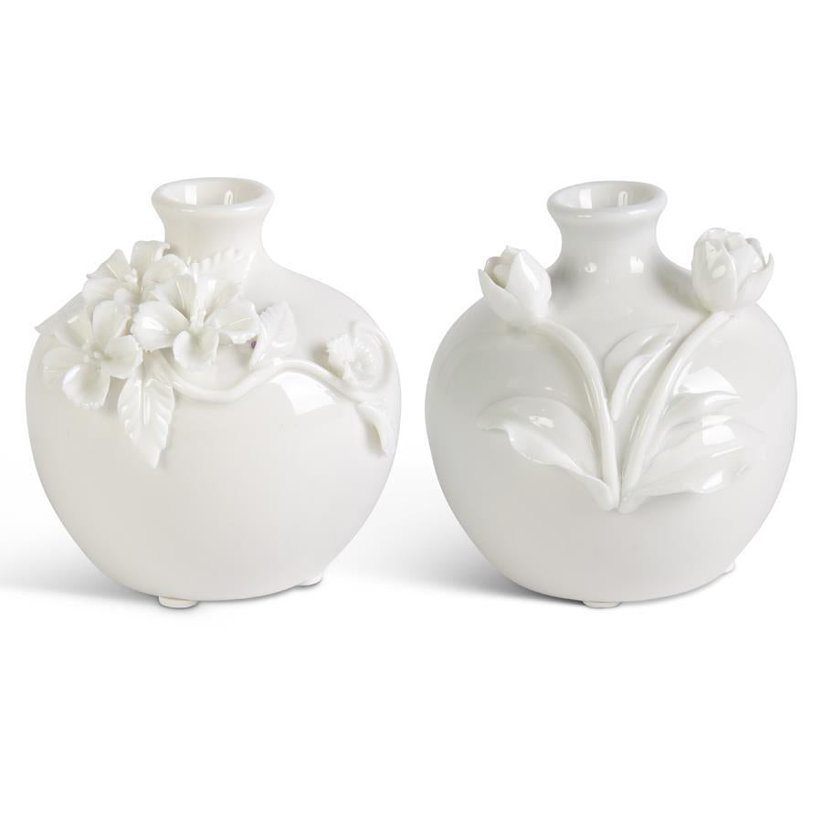 White Ceramic Vase with Raised Flower