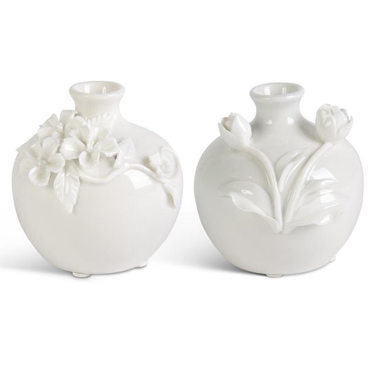White Ceramic Vase with Raised Flower