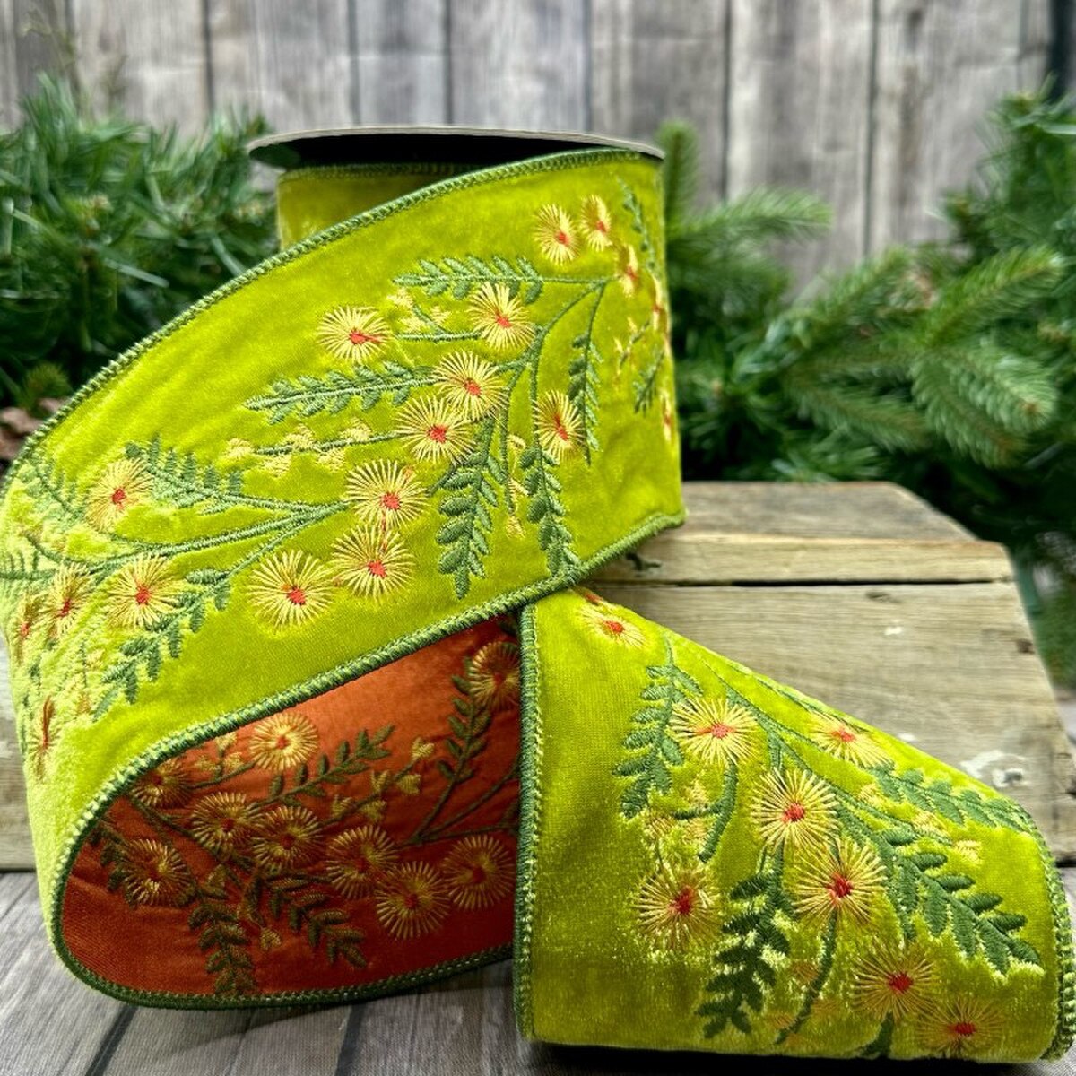 Yellow and Green Aster Embroidered Ribbon