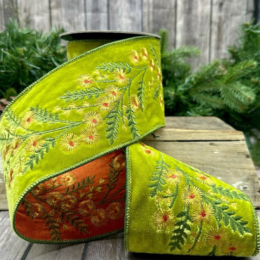 Yellow and Green Aster Embroidered Ribbon