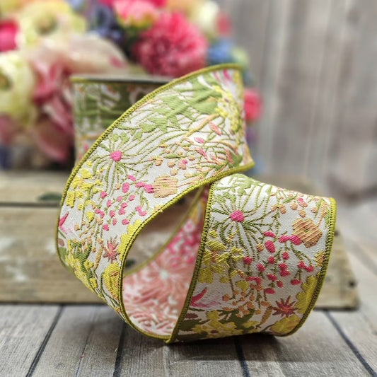 Jacquard Mix Floral Ribbon- Green