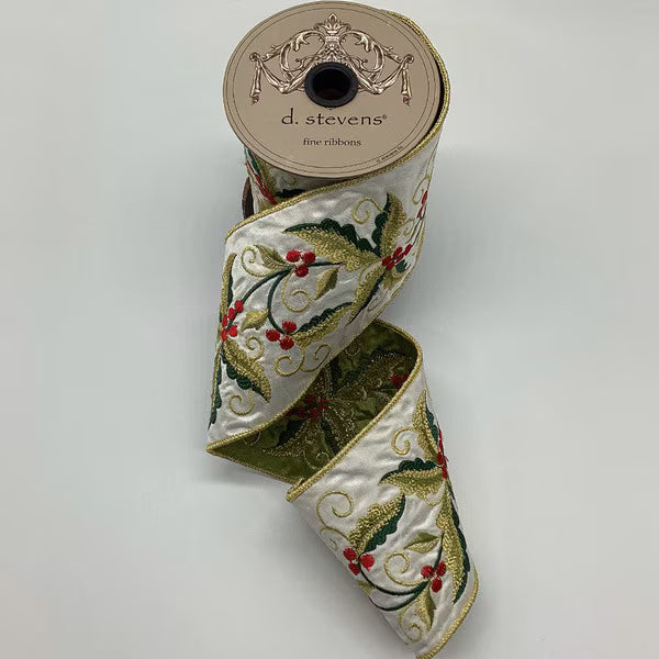 White Holly Leaves and Berries Ribbon