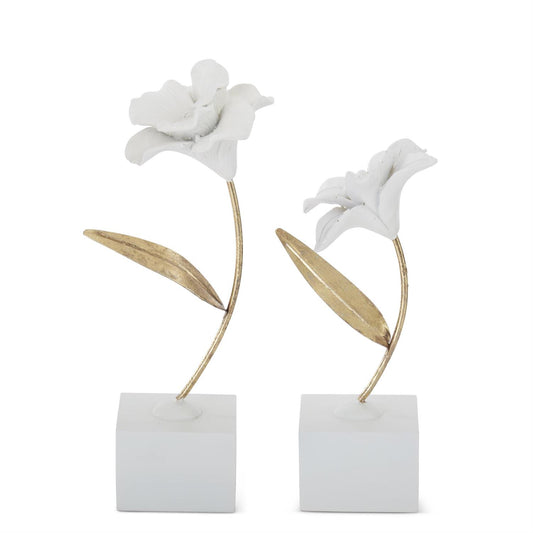 Set of 2 White Resin Gold Metal Stem Flowers