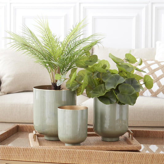 Glossy Sage Green Enameled Iron Footed Vase