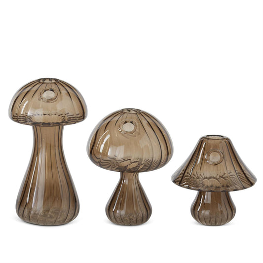 Set of 3 Brown Glass Mushroom Bud Vase/Candleholder