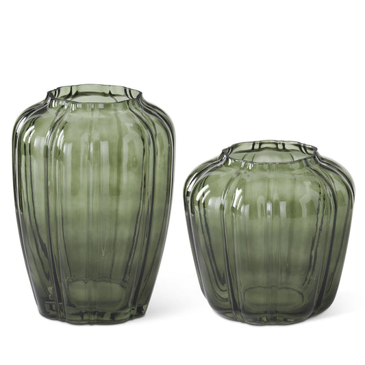 Scalloped Green Line Pressed Glass Vases