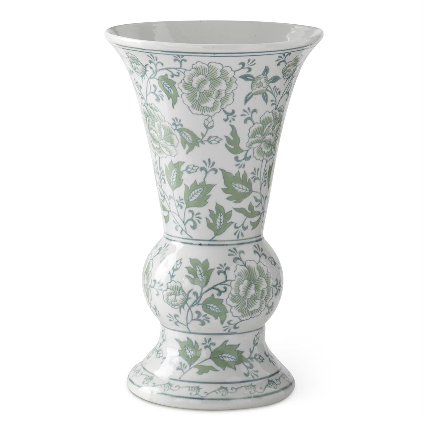 Green and White Floral Fluted Ceramic Vase