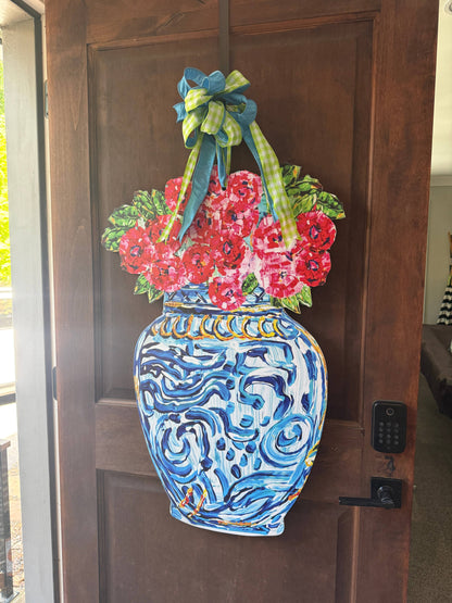 Chinoiserie Vase with Red Florals Door Hanger