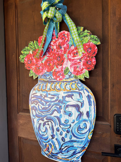 Chinoiserie Vase with Red Florals Door Hanger