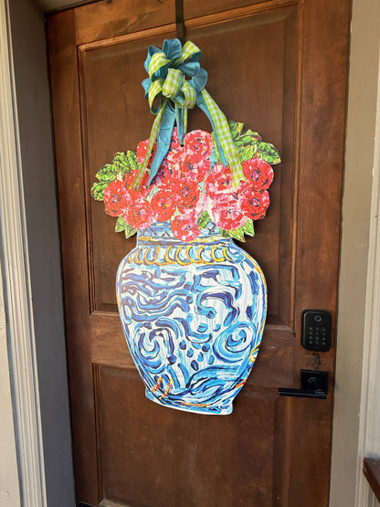 Chinoiserie Vase with Red Florals Door Hanger