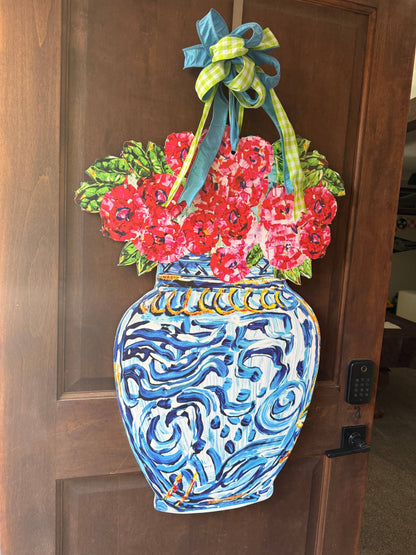 Chinoiserie Vase with Red Florals Door Hanger