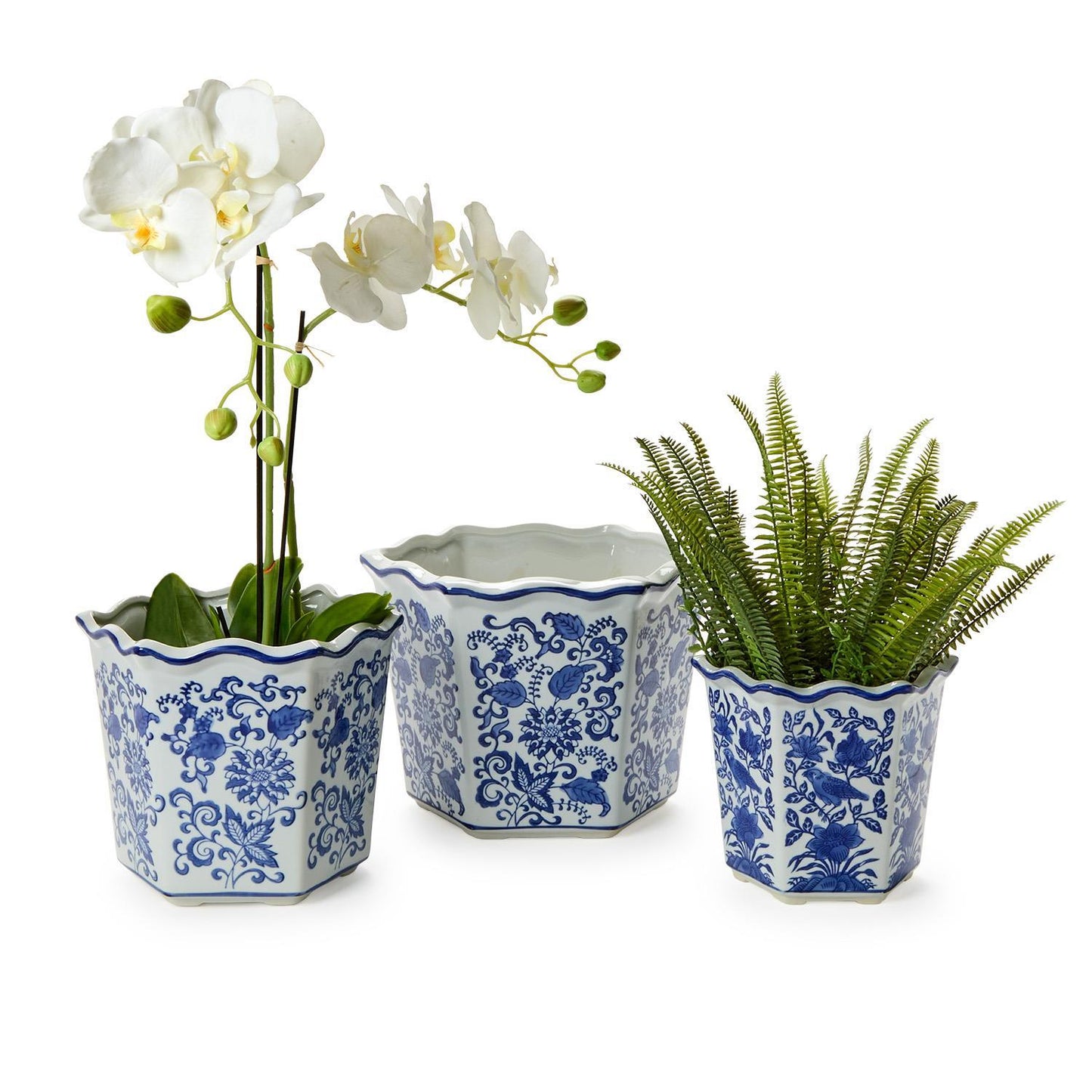 Hand-Painted Chinoiserie Blue and White Floral Hexagon Shape Planters