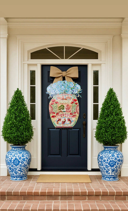 Chinoiserie Vase with Hydrangeas Door Hanger