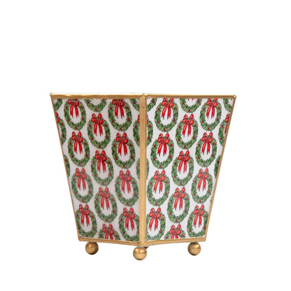 Holly Wreath Bow Enameled Square Cachepot Planter