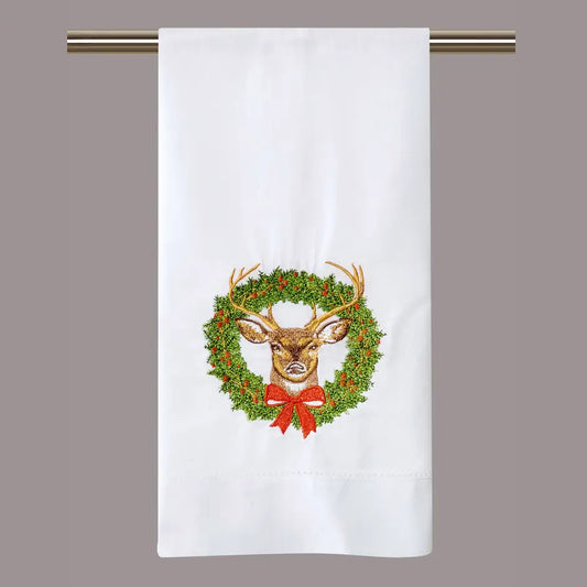 Reindeer Wreath Embroidered Guest Towel