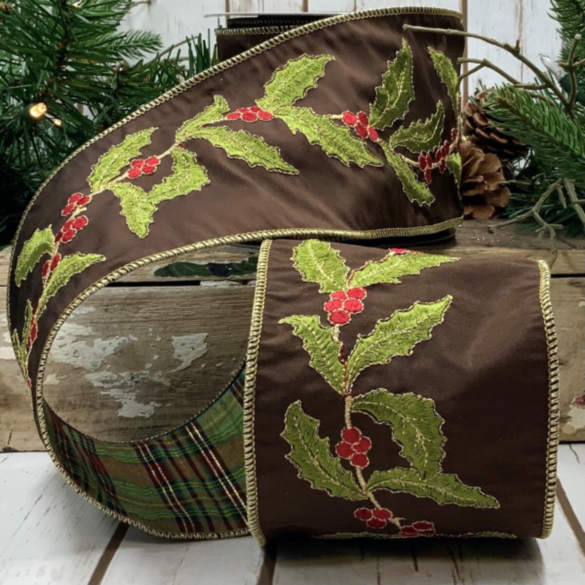Brown Holly Leaves and Berries Ribbon