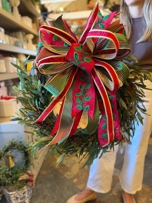 Bow with Red Velvet, Iridescent Stripped, and Holly Ribbon