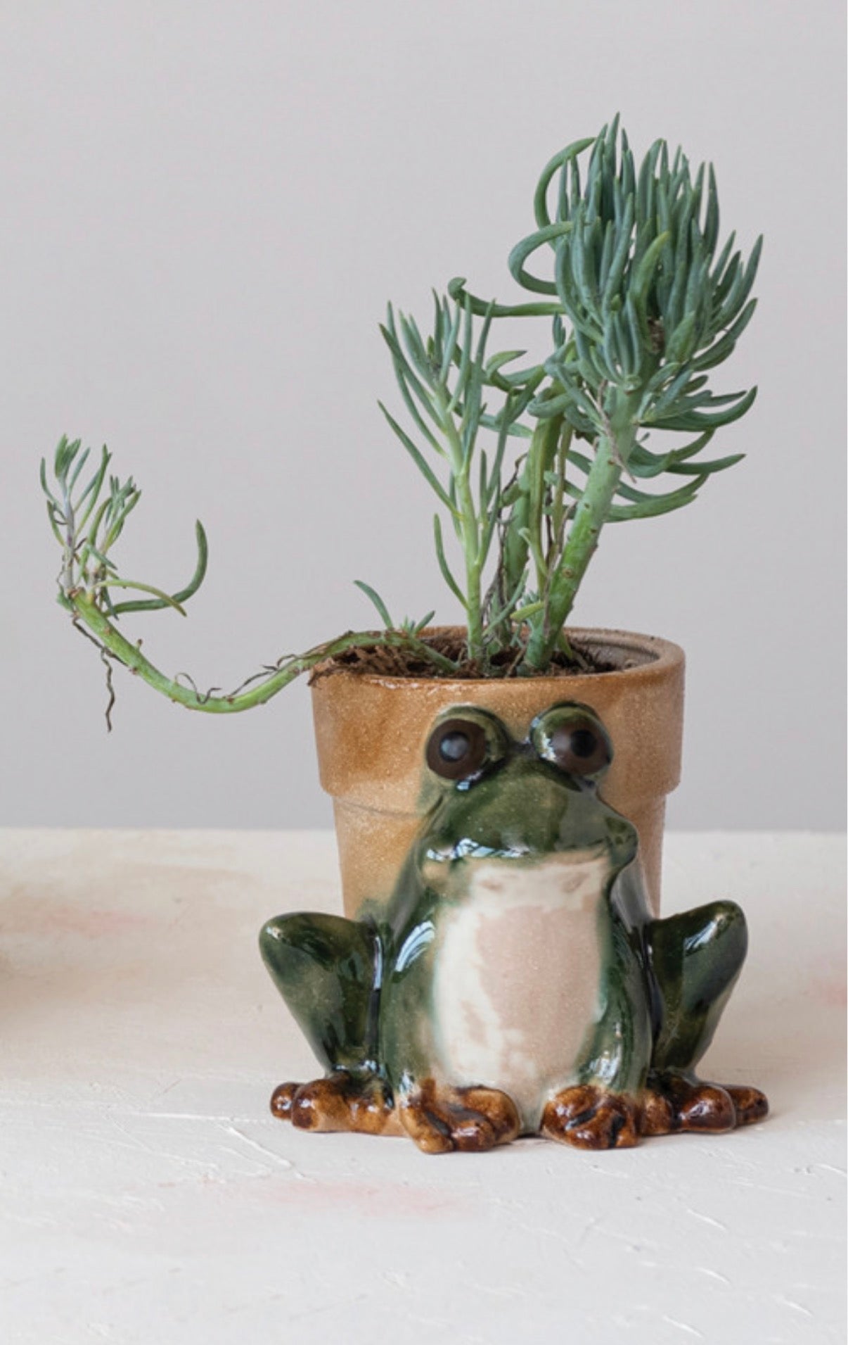 Stoneware Frog Planter, Reactive Glaze, Green, White & Brown