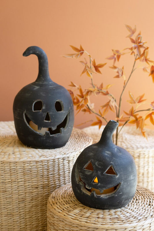 Set of 2 Small Black Clay Jack-O-Lanterns