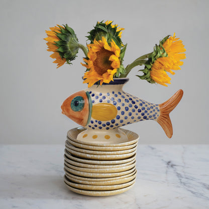 Hand-Painted Stoneware Footed Fish Shaped Vase, Cream