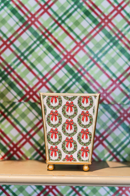 Holly Wreath Bow Enameled Square Cachepot Planter