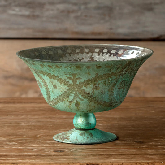 Antique French Blue Etched Compote Large