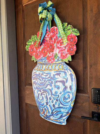 Chinoiserie Vase with Red Florals Door Hanger