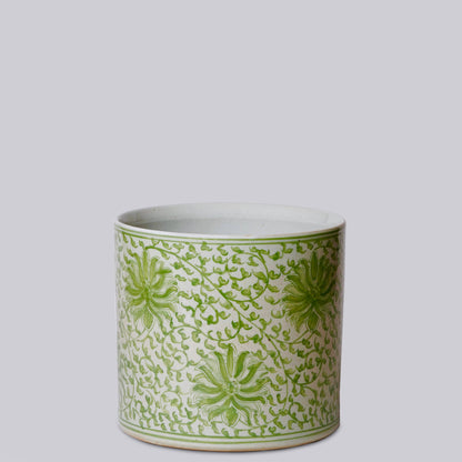 Scrolling Lotus Green and White Porcelain Cachepot