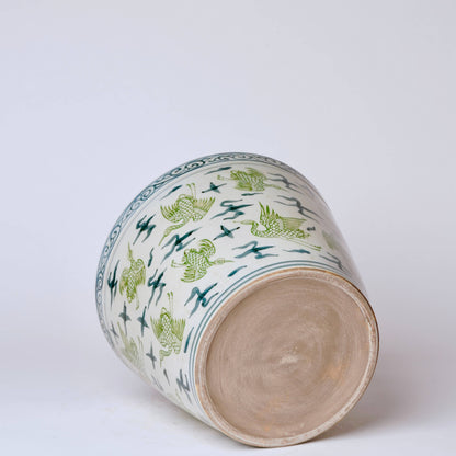 Green and Blue Cranes and Clouds Porcelain Planter