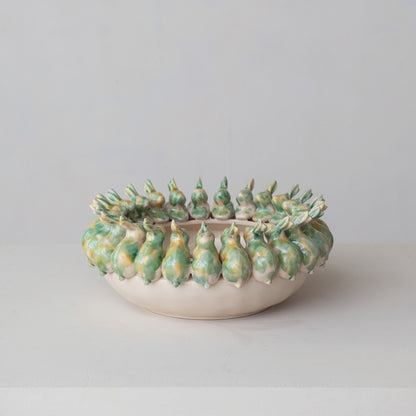 Decorative Stoneware Bowl with 3D Rabbits