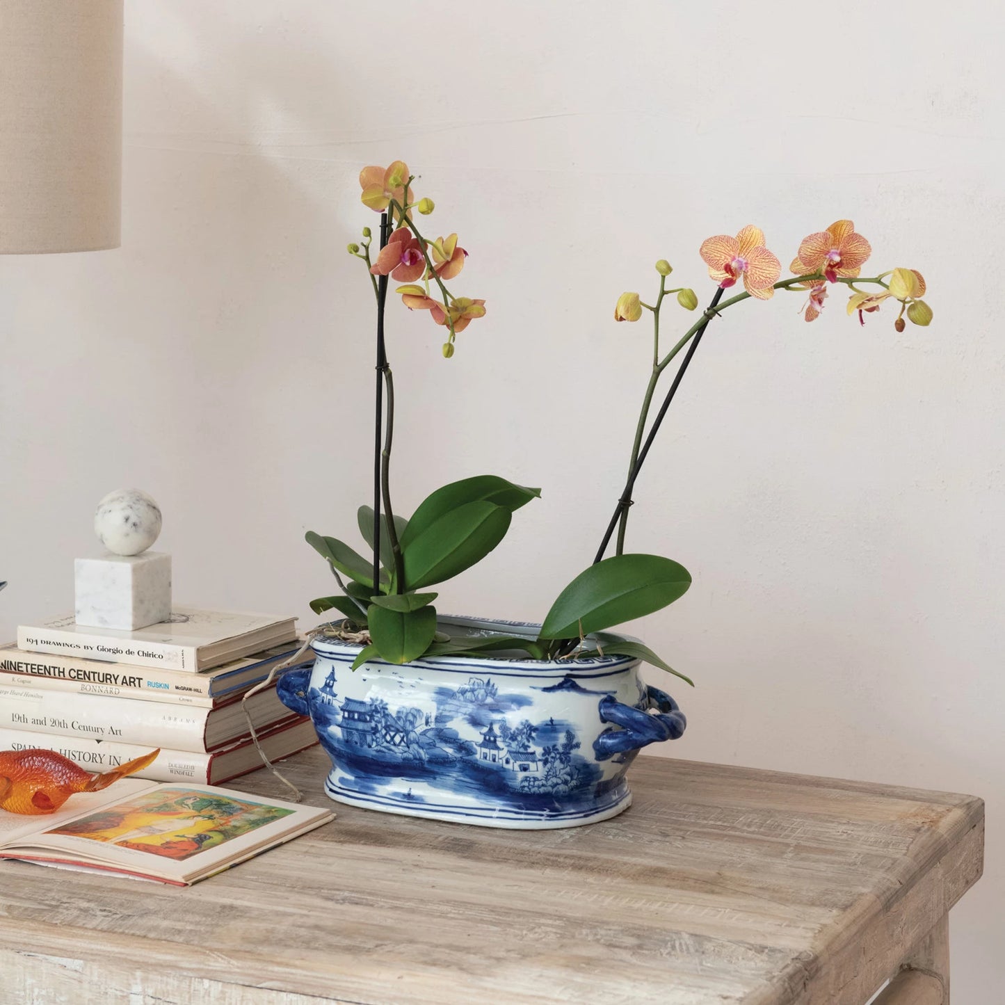 Oval Stoneware Planter with Landscape & Handles