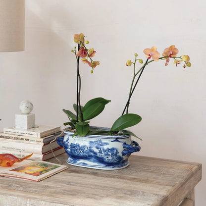 Oval Stoneware Planter with Landscape & Handles