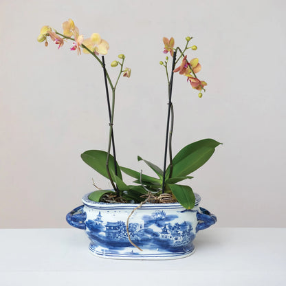Oval Stoneware Planter with Landscape & Handles